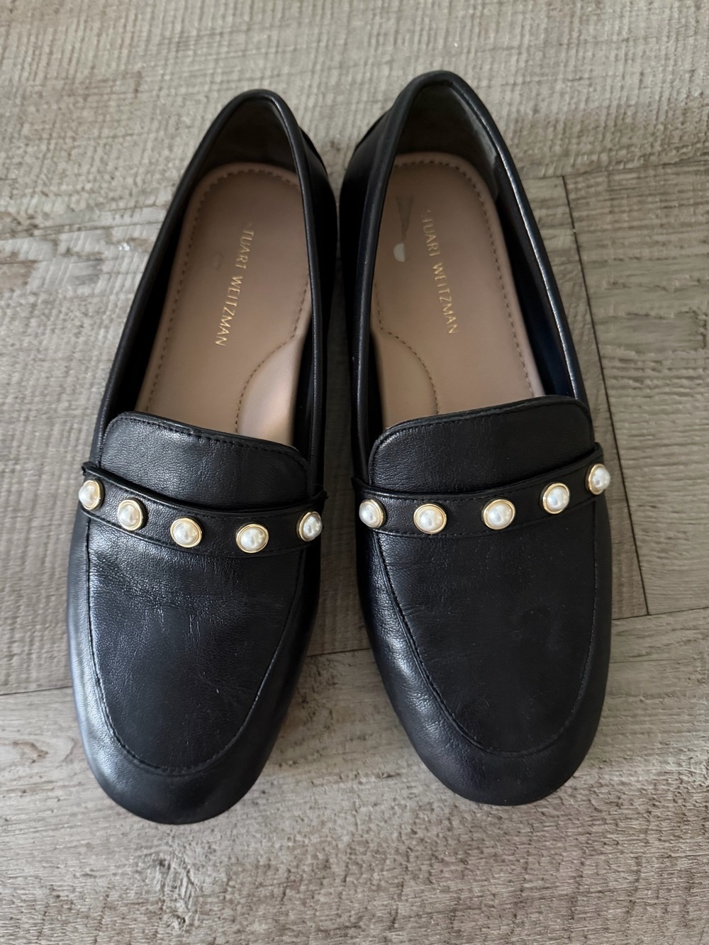 Stuart Weitzman Black Leather Loafers with Pearl Trim